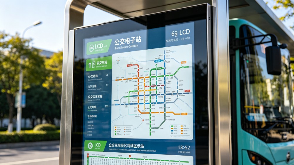 公交电子站牌LCD显示屏特写,清晰显示公交线路与到站信息 公交电子站牌LCD显示屏特写,清晰显示公交线路与到站信息